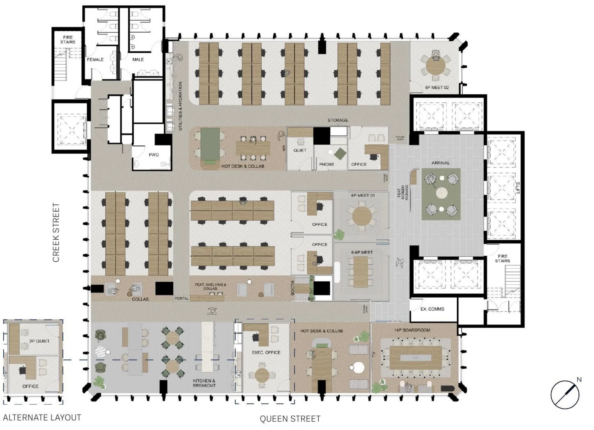 Level 6 tower floor test fit: arrival, 14-person boardroom, meeting rooms, offices, 58 workstations, hot desking, collaboration zones, kitchen and breakout