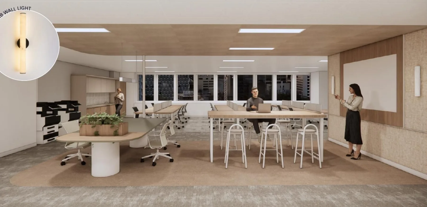 Level 6 test fit — hot desk and collaboration zone (render)